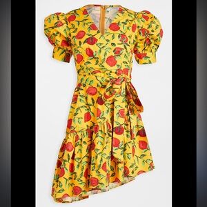 Glamorous Fruit Wrap Ruffle Asymmetrical Hem Puff Sleeve Midi Dress NEW NWT